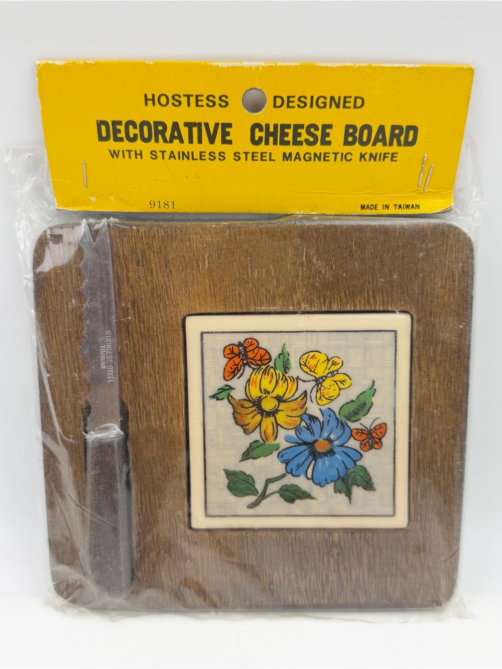 Vtg 70s Hostess Designed Cheese Board Knife Floral Tile Rustic Bar Nature New